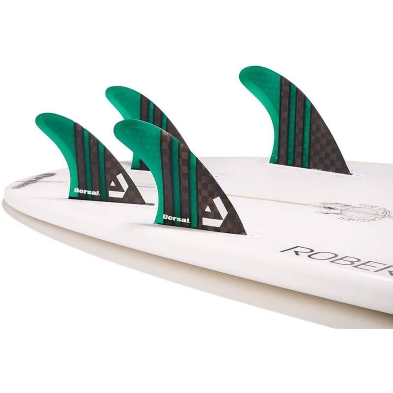 Close-up of a green carbon thruster fin set fitted to a white surfboard